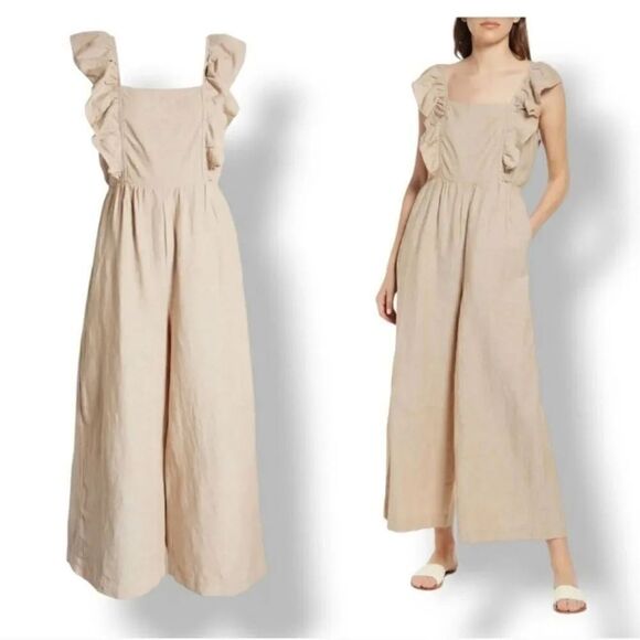 Madewell Linen Blend Ruffle Tie Back Wide Leg Jumpsuit in Seed Khaki Size 10 - Picture 3 of 12